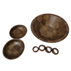 Vtg Mid-Century Wooden Weavewood Salad Brown Partial Bowl Set Kitchen Decor